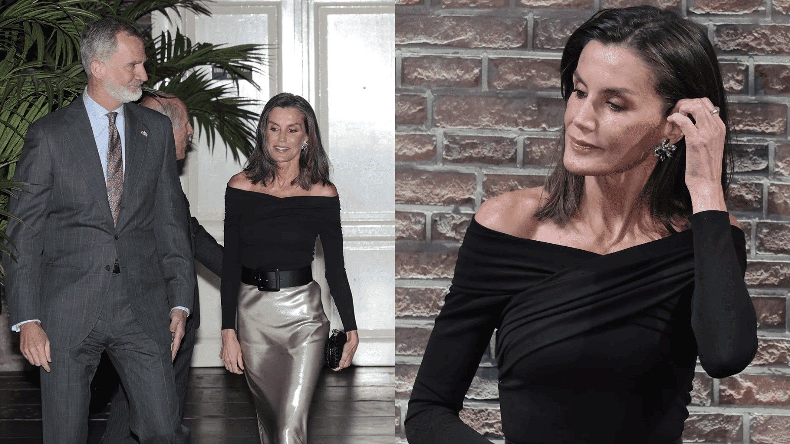 La reina Letizia nos sorprende con un escote Bardot y una falda satinada en Holanda