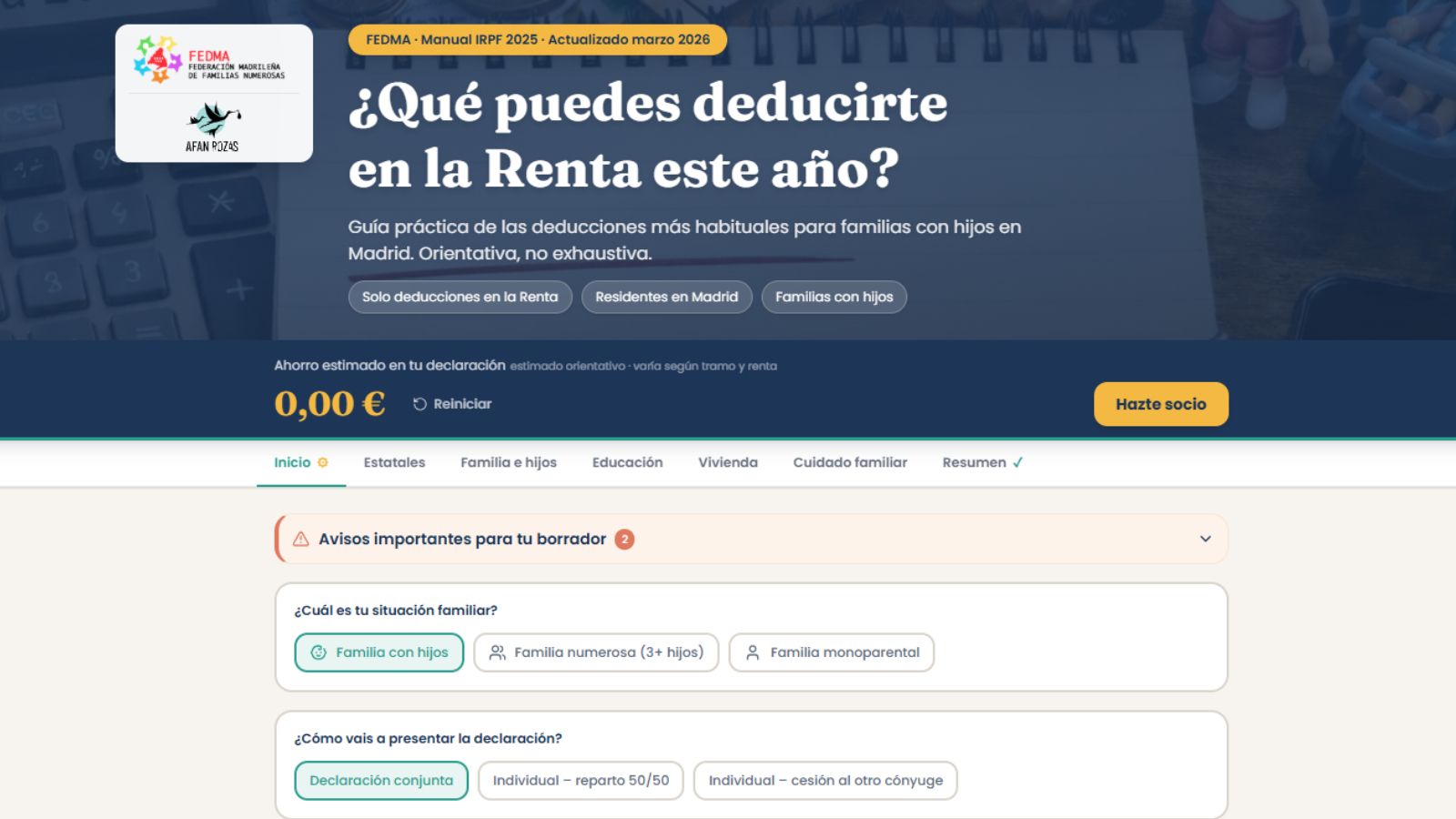FEDMA y AFAN Rozas crean una calculadora fiscal para ayudar a las familias madrileñas con la Renta