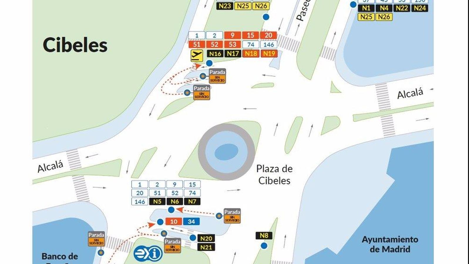 La EMT traslada sus paradas de la plaza de Cibeles de forma temporal por las obras de asfaltado