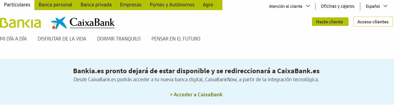La web de Bankia anuncia que dejará de funcionar y se redireccionará al portal de CaixaBank