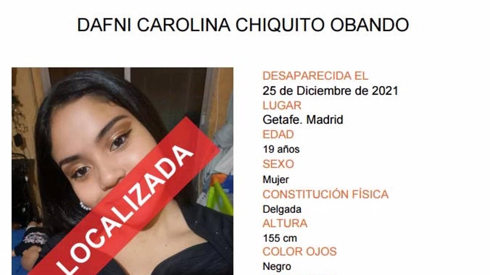 Localizada en buen estado una joven de 19 años desaparecida el día de Navidad en Getafe