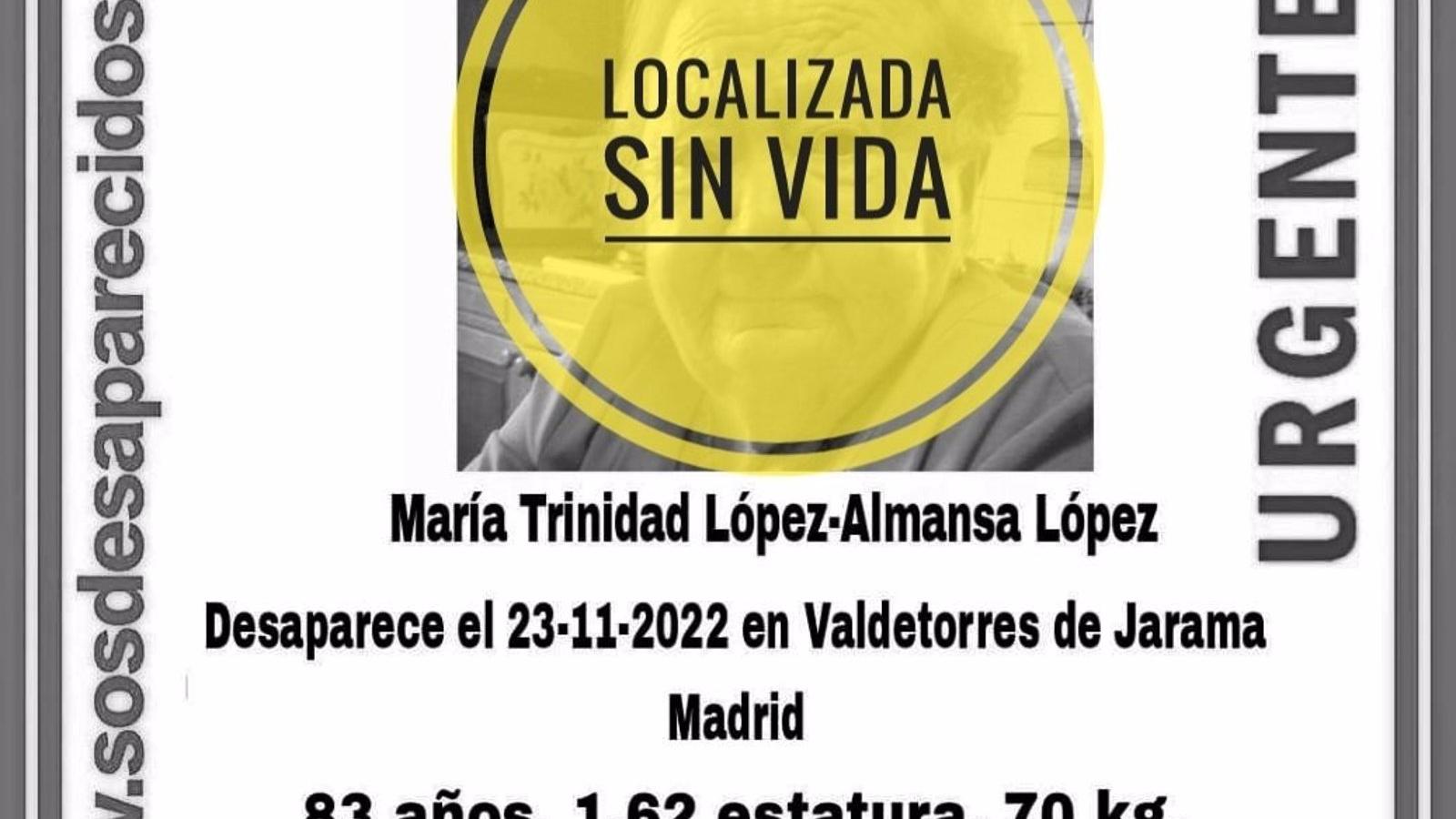  Localizado en Talamanca el cuerpo de la mujer de 83 años vecina de Valdetorres desaparecida hace una semana
