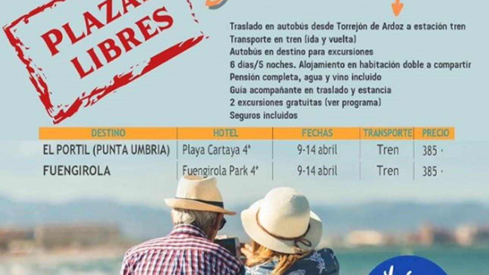 El programa de Torrejón de Vacaciones para Mayores dispone de plazas para ir a Punta Umbria o Fuengirola