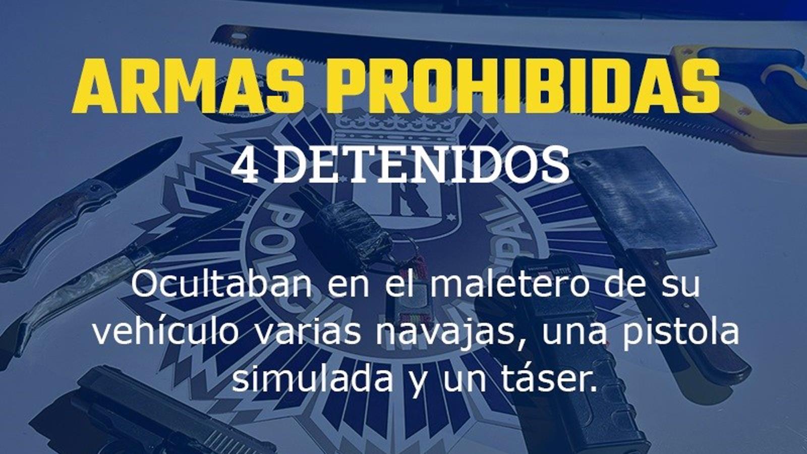 Cuatro detenidos por llevar una pistola simulada, un táser, dos navajas y una ganzúa para quitar alarmas en tiendas