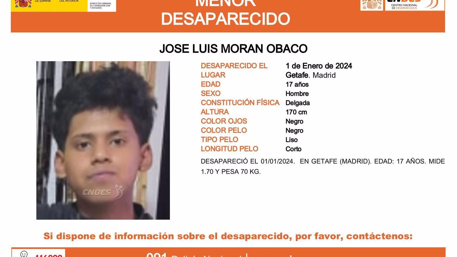 Buscan a un adolescente de 17 años desaparecido desde el 1 de enero en Getafe