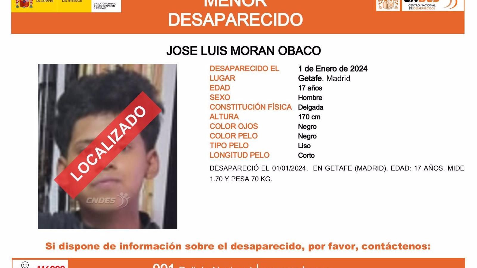  Localizan en buen estado a un menor de 17 años que desapareció el 1 de enero en Getafe