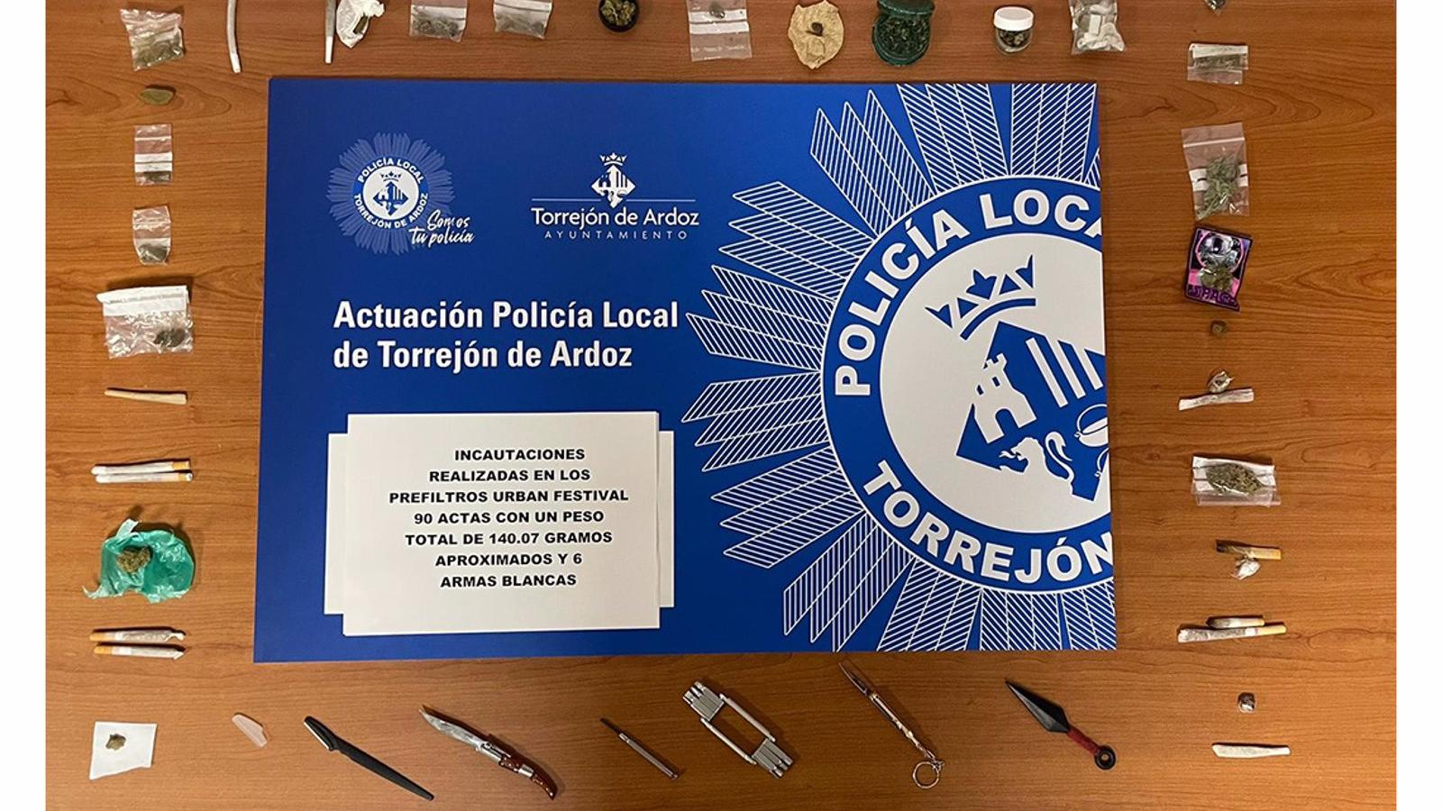 La Policía Local de Torrejón realizó 90 actas de incautación de drogas y seis armas blancas en los controles del Urban Festival