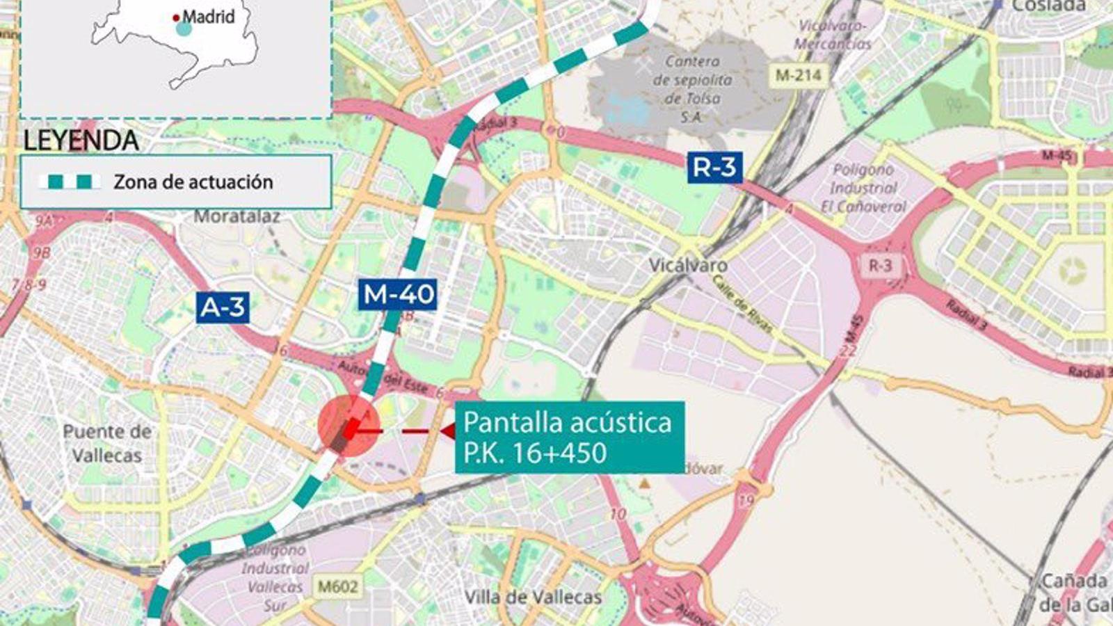 Instalación de pantallas acústicas en la M-40 para reducir el ruido en Vallecas