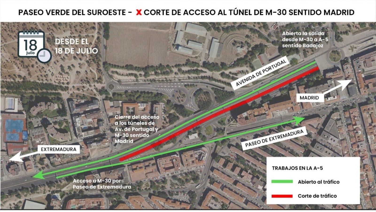 Cortado el túnel de la A-5 hacia la M-30 por las obras del soterramiento hasta finales de agosto