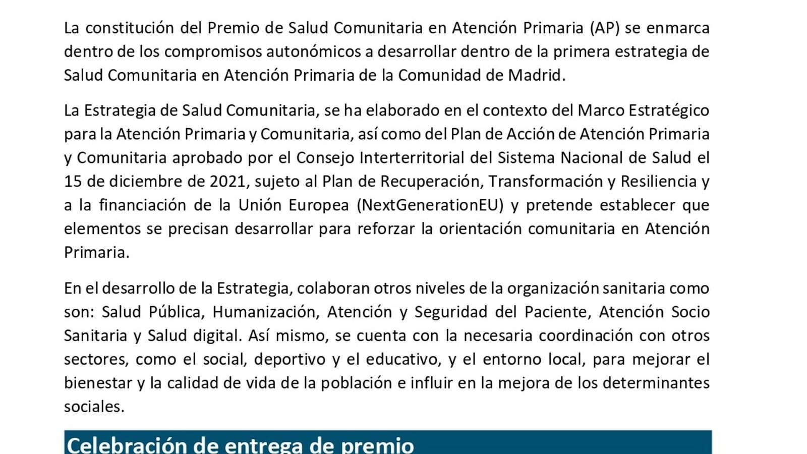 La Comunidad premia hasta cuatro iniciativas de salud comunitaria en atención primaria