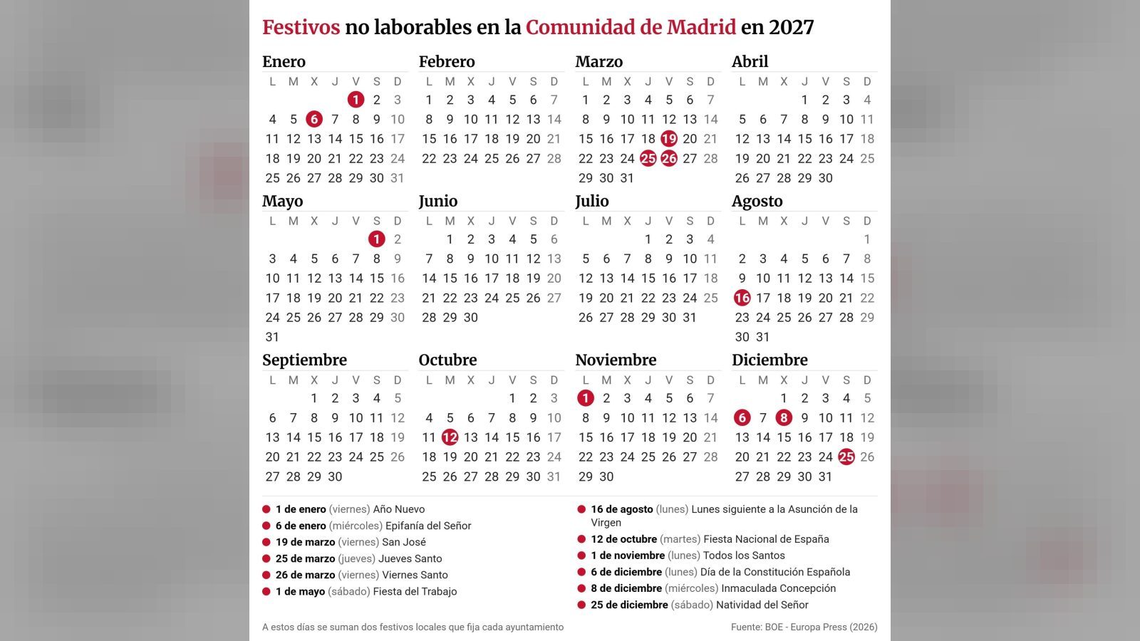 Calendario laboral 2027 en la Comunidad de Madrid Calendario laboral 2027 en la Comunidad de Madrid
