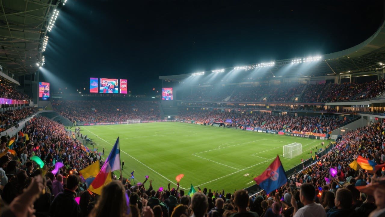 Estadio de fútbol lleno en un partido nocturno, con banderas y focos encendidos