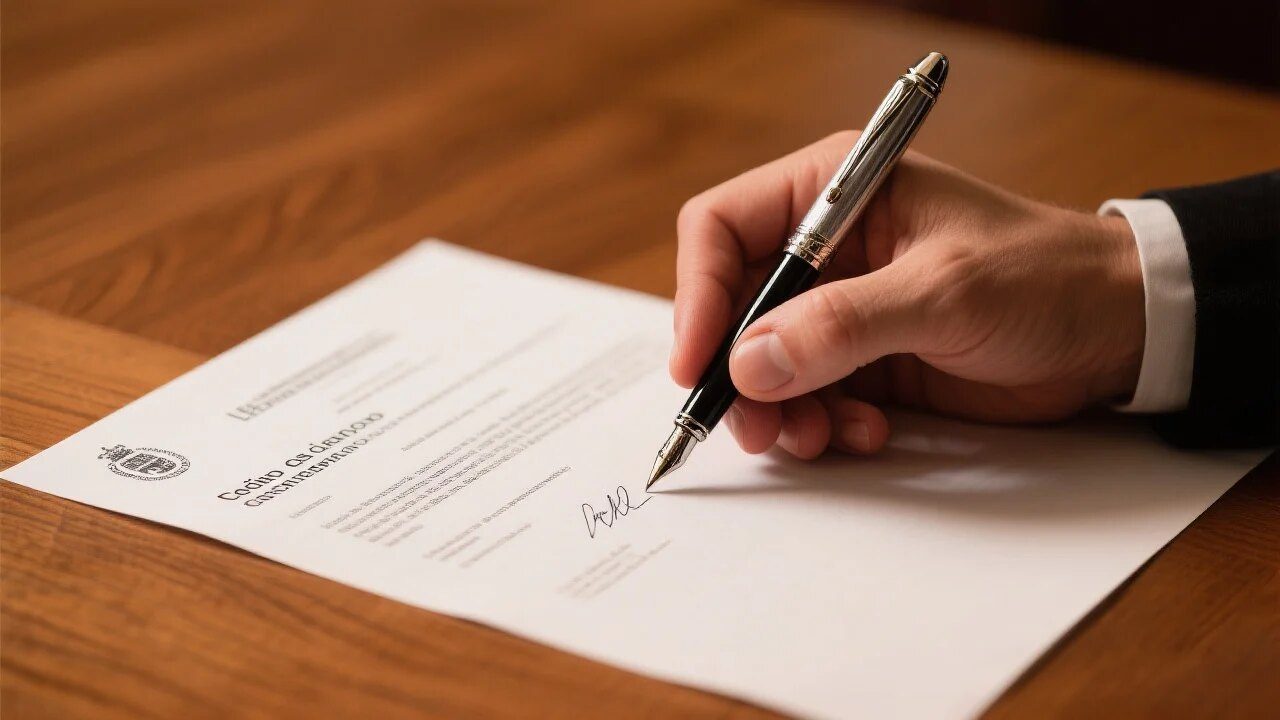 Una mano firma un contrato con pluma estilográfica sobre una mesa de madera