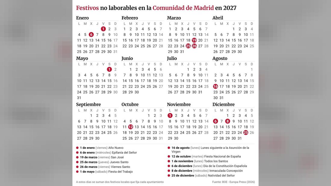 Calendario laboral 2027 en la Comunidad de Madrid